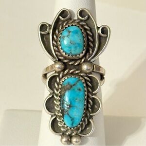 Vintage Navajo MC Southwest Double Long Turquoise Sterling 925 Scalloped Size 7